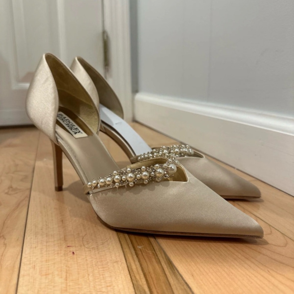 Badgley Mischka Cream Satin Heels with Pearl Accents